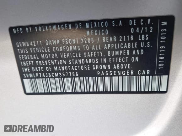 ✅ 2012 Volkswagen Jetta SEL • VIN: 3VWLP7AJ8CM397786 • Lot: 42158575. Listed on IAAI with 275,108 mi. Free auction sales archive from the USA and detailed vehicle history report at DreamBid. Image 9.