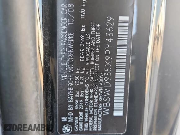 ✅ 2009 BMW M3 • VIN: WBSWD935X9PY43629 • Lot: 80901795. Listed on Copart with 83,769 mi. Free auction sales archive from the USA and detailed vehicle history report at DreamBid. Image 12.