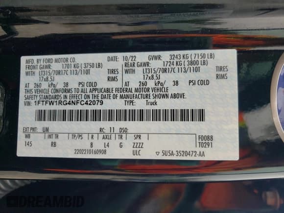 ✅ 2022 Ford F-150 Raptor • VIN: 1FTFW1RG4NFC42079 • Lot: 60305245. Listed on Copart with 33,672 mi. Free auction sales archive from the USA and detailed vehicle history report at DreamBid. Image 12.