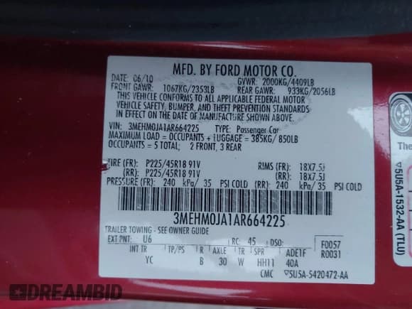 ✅ 2010 Mercury Milan Premier • VIN: 3MEHM0JA1AR664225 • Лот: 43627414. Опубликован ранее на IAAI с пробегом 121 162 миль. Бесплатный доступ к архиву аукционных продаж из США и подробный отчёт об истории автомобиля на DreamBid. Изображение 9.