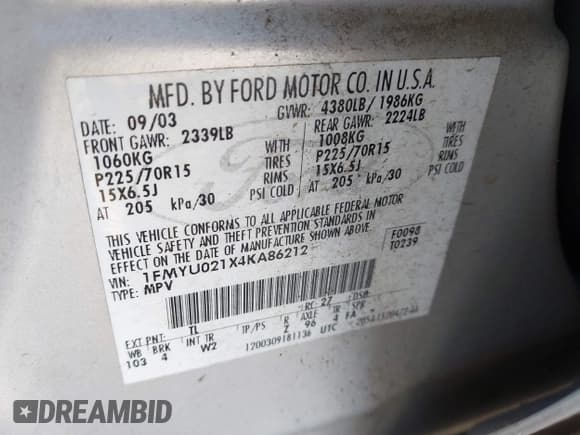 ✅ 2004 Ford Escape XLS • VIN: 1FMYU021X4KA86212 • Lot: 43111267. Listed on IAAI with 203,992 mi. Free auction sales archive from the USA and detailed vehicle history report at DreamBid. Image 9.