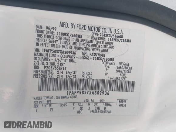 ✅ 1999 Ford Taurus SE • VIN: 1FAFP58S7XA309936 • Lot: 43703596. Wystawiony na IAAI z przebiegiem 221 934 mil. Bezpłatny archiwum sprzedaży aukcyjnych z USA i szczegółowy raport historii pojazdu na DreamBid. Zdjęcie 9.