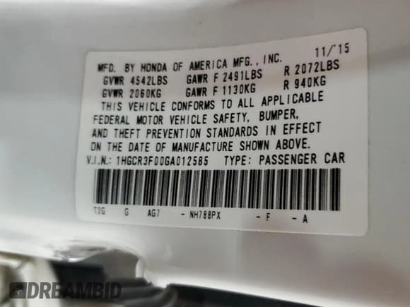 ✅ 2016 Honda Accord EX-L • VIN: 1HGCR3F00GA012585 • Лот: 91384685. Опубликован ранее на Copart с пробегом 98 087 миль. Бесплатный доступ к архиву аукционных продаж из США и подробный отчёт об истории автомобиля на DreamBid. Изображение 12.