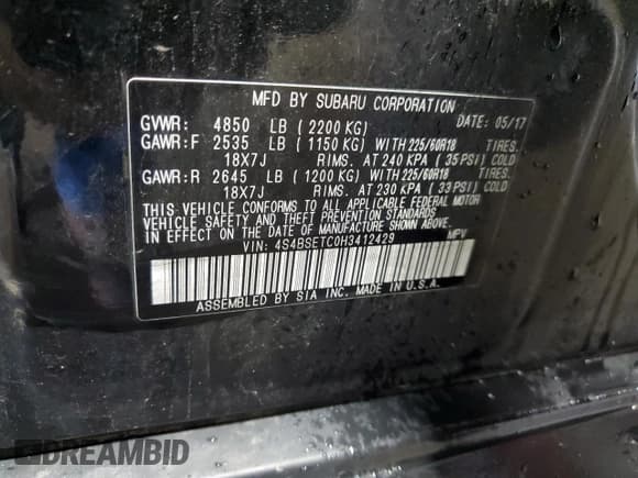 ✅ 2017 Subaru Outback Touring • VIN: 4S4BSETC0H3412429 • Lot: 60509685. Listed on Copart with 92,550 mi. Free auction sales archive from the USA and detailed vehicle history report at DreamBid. Image 14.