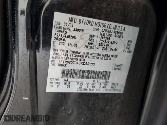 ✅ 2003 Ford F-150 Harley-Davidson • VIN: 1FTRW07343KD83293 • Lot: 55600275. Listed on Copart with 176,233 mi. Free auction sales archive from the USA and detailed vehicle history report at DreamBid. Image 12.