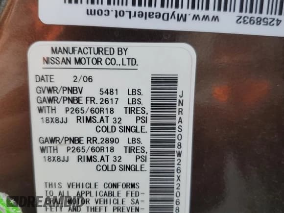 ✅ 2006 Infiniti FX • VIN: JNRAS08W26X206881 • Лот: 71868335. Опубликован ранее на Copart с пробегом 192 030 миль. Бесплатный доступ к архиву аукционных продаж из США и подробный отчёт об истории автомобиля на DreamBid. Изображение 12.