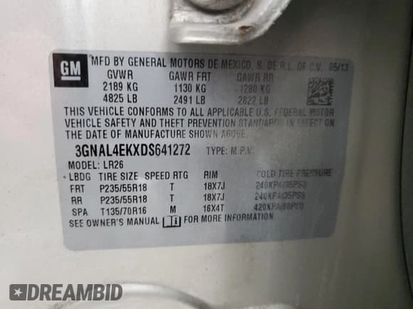 ✅ 2013 Chevrolet Captiva Sport LTZ • VIN: 3GNAL4EKXDS641272 • Lot: 91036405. Wystawiony na Copart z przebiegiem 112 355 mil. Bezpłatny archiwum sprzedaży aukcyjnych z USA i szczegółowy raport historii pojazdu na DreamBid. Zdjęcie 13.