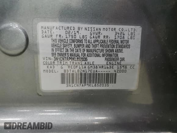 ✅ 2019 Nissan Versa SV • VIN: 3N1CN7AP9KL852035 • Lot: 91803785. Listed on Copart with 129,456 mi. Free auction sales archive from the USA and detailed vehicle history report at DreamBid. Image 12.