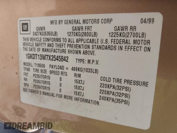 ✅ 1999 GMC Jimmy SLT • VIN: 1GKDT13W7X2545842 • Lot: 42973812. Wystawiony na IAAI z przebiegiem 236 268 mil. Bezpłatny archiwum sprzedaży aukcyjnych z USA i szczegółowy raport historii pojazdu na DreamBid. Zdjęcie 9.