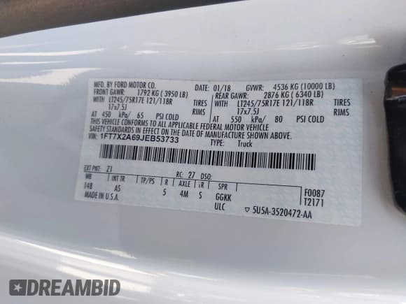 ✅ 2018 Ford F-250 XL • VIN: 1FT7X2A69JEB53733 • Лот: 42692823. Опубликован ранее на IAAI с пробегом 111 793 миль. Бесплатный доступ к архиву аукционных продаж из США и подробный отчёт об истории автомобиля на DreamBid. Изображение 9.