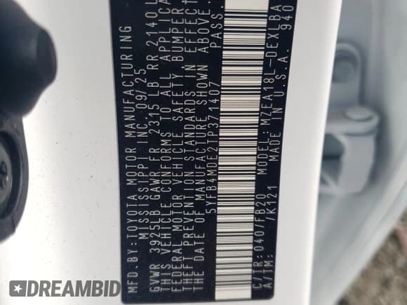 ✅ 2026 Toyota Corolla LE • VIN: 5YFB4MDE2TP371407 • Лот: 89853715. Опубликован ранее на Copart с пробегом 21 миль. Бесплатный доступ к архиву аукционных продаж из США и подробный отчёт об истории автомобиля на DreamBid. Изображение 12.