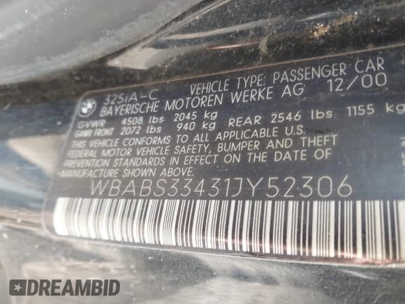 ✅ 2001 BMW 3 Series 325Ci • VIN: WBABS33431JY52306 • Lot: 43694116. Listed on IAAI with 177,914 mi. Free auction sales archive from the USA and detailed vehicle history report at DreamBid. Image 9.