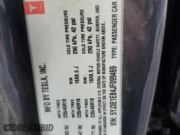 ✅ 2018 Tesla Model 3 Long Range Battery • VIN: 5YJ3E1EB4JF099469 • Lot: 71409995. Wystawiony na Copart z przebiegiem 189 922 mil. Bezpłatny archiwum sprzedaży aukcyjnych z USA i szczegółowy raport historii pojazdu na DreamBid. Zdjęcie 12.