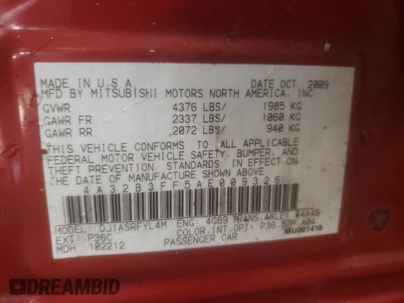 ✅ 2010 Mitsubishi Galant ES • VIN: 4A32B3FF5AE009326 • Lot: 86850424. Listed on Copart with 164,336 mi. Free auction sales archive from the USA and detailed vehicle history report at DreamBid. Image 13.