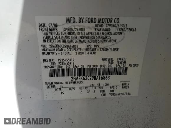 ✅ 2009 Ford Flex Limited • VIN: 2FMEK63C29BA16863 • Lot: 70403535. Wystawiony na Copart z przebiegiem 291 066 mil. Bezpłatny archiwum sprzedaży aukcyjnych z USA i szczegółowy raport historii pojazdu na DreamBid. Zdjęcie 13.