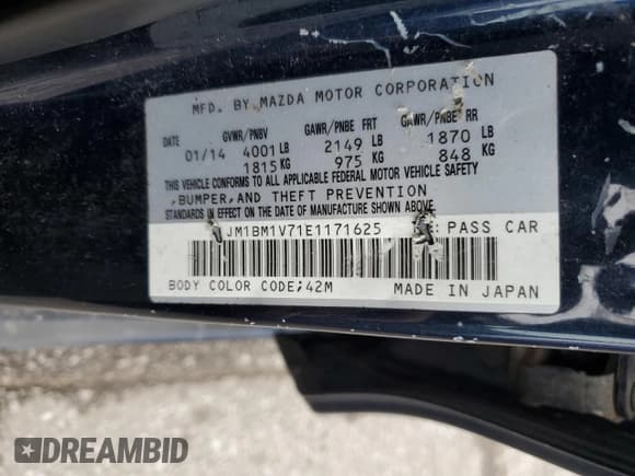 ✅ 2014 Mazda 3 i Touring • VIN: JM1BM1V71E1171625 • Lot: 67106165. Listed on Copart with 227,861 mi. Free auction sales archive from the USA and detailed vehicle history report at DreamBid. Image 12.