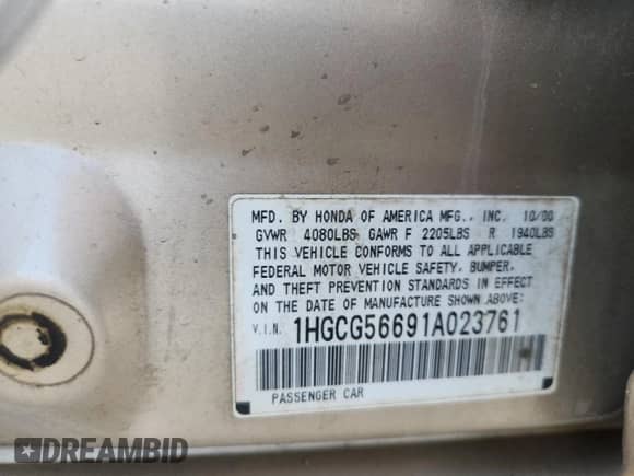 2001 Honda Accord EX с VIN 1HGCG56691A023761, выставлен на аукционе Copart как лот 63345975 с пробегом Не указан миль и Списание • Salvage title. История ставок и продаж доступна на DreamBid. Изображение 12.