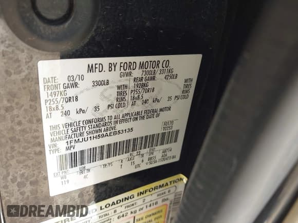 ✅ 2010 Ford Expedition Eddie Bauer • VIN: 1FMJU1H59AEB53135 • Lot: 42230655. Listed on IAAI with 176,873 mi. Free auction sales archive from the USA and detailed vehicle history report at DreamBid. Image 9.