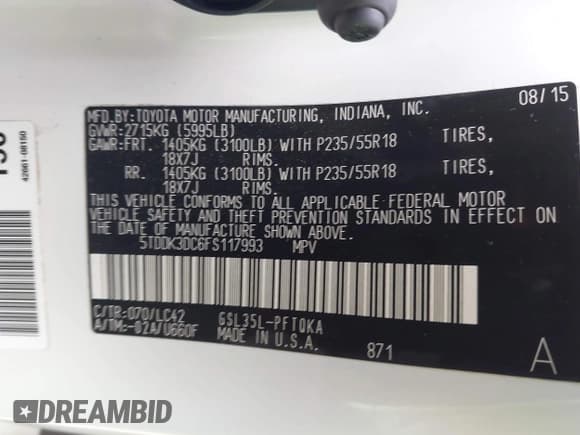 ✅ 2015 Toyota Sienna XLE • VIN: 5TDDK3DC6FS117993 • Lot: 43594958. Listed on IAAI with 153,455 mi. Free auction sales archive from the USA and detailed vehicle history report at DreamBid. Image 9.