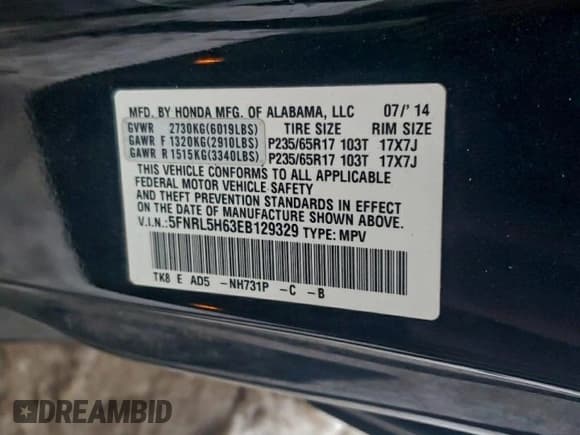 ✅ 2014 Honda Odyssey EX-L • VIN: 5FNRL5H63EB129329 • Lot: 95650655. Listed on Copart with 195,062 mi. Free auction sales archive from the USA and detailed vehicle history report at DreamBid. Image 13.