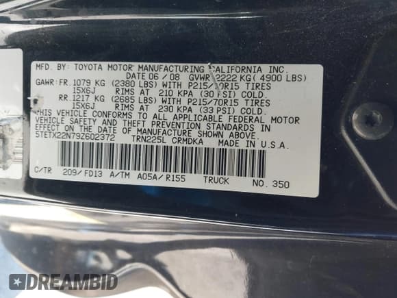 ✅ 2009 Toyota Tacoma • VIN: 5TETX22N79Z602372 • Lot: 43636923. Listed on IAAI with 170,206 mi. Free auction sales archive from the USA and detailed vehicle history report at DreamBid. Image 9.