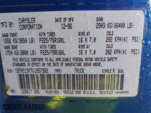✅ 1997 Dodge 1500 • VIN: 1B7HC13Y7VJ557362 • Lot: 42334661. Wystawiony na IAAI z przebiegiem 265 323 mil. Bezpłatny archiwum sprzedaży aukcyjnych z USA i szczegółowy raport historii pojazdu na DreamBid. Zdjęcie 9.