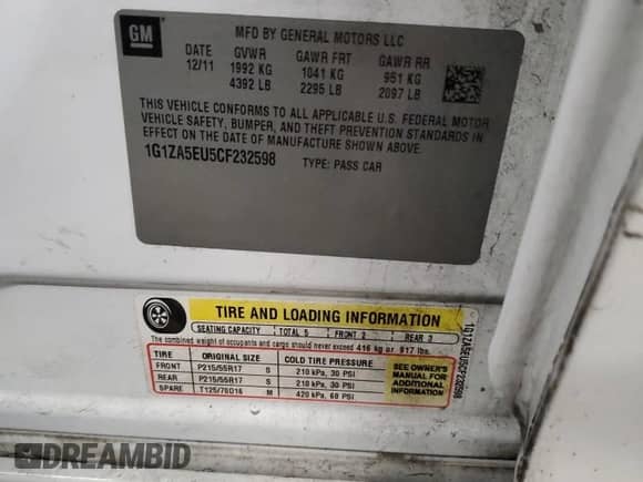 2012 Chevrolet Malibu 1FL z VIN 1G1ZA5EU5CF232598, wystawiony jako Copart lot #89719855 z przebiegiem Nie podano mil oraz Szkoda całkowita • Salvage title. Historia ofert i sprzedaży dostępna na DreamBid. Obrazek 12.