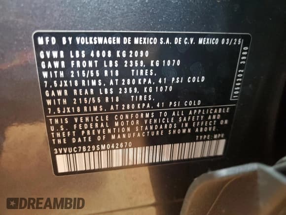 ✅ 2025 Volkswagen Taos SE • VIN: 3VVUC7B29SM042670 • Lot: 69116305. Listed on Copart with 7,661 mi. Free auction sales archive from the USA and detailed vehicle history report at DreamBid. Image 13.