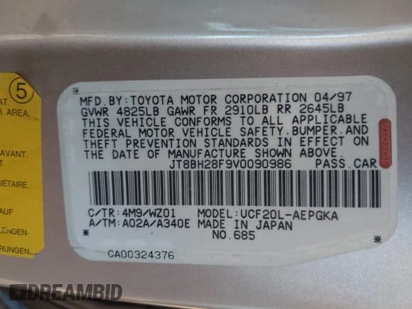 ✅ 1997 Lexus LS 400 • VIN: JT8BH28F9V0090986 • Lot: 43618006. Listed on IAAI with 139,026 mi. Free auction sales archive from the USA and detailed vehicle history report at DreamBid. Image 9.