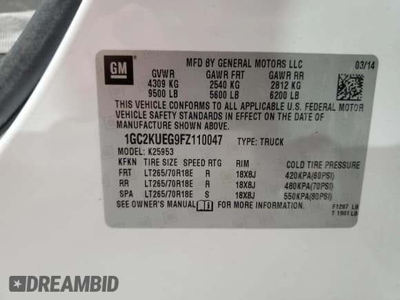 ✅ 2015 Chevrolet Silverado 2500HD Work Truck • VIN: 1GC2KUEG9FZ110047 • Лот: 86492525. Опубликован ранее на Copart с пробегом 47 310 миль. Бесплатный доступ к архиву аукционных продаж из США и подробный отчёт об истории автомобиля на DreamBid. Изображение 12.