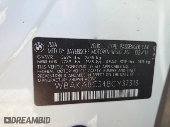 ✅ 2011 BMW 7 Series 750i • VIN: WBAKA8C54BCY37313 • Lot: 93386875. Listed on Copart with 162,742 mi. Free auction sales archive from the USA and detailed vehicle history report at DreamBid. Image 12.