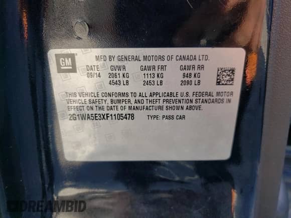 2015 Chevrolet Impala LS с VIN 2G1WA5E3XF1105478, выставлен на аукционе Copart как лот 59124034 с пробегом 109 419 миль миль и Списание • Salvage title. История ставок и продаж доступна на DreamBid. Изображение 14.