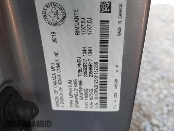 ✅ 2019 Honda CR-V LX • VIN: 2HKRW2H26KH132936 • Lot: 69779425. Listed on Copart with 45,696 mi. Free auction sales archive from the USA and detailed vehicle history report at DreamBid. Image 14.