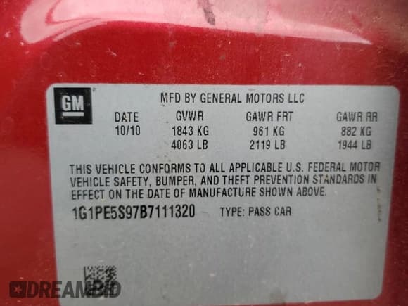 ✅ 2011 Chevrolet Cruze 1FL • VIN: 1G1PE5S97B7111320 • Lot: 89524185. Listed on Copart with 128,817 mi. Free auction sales archive from the USA and detailed vehicle history report at DreamBid. Image 12.