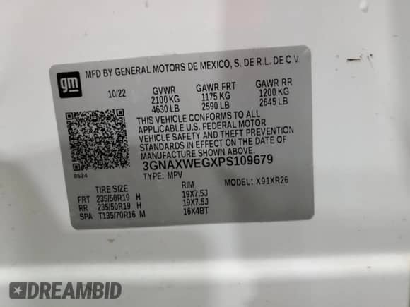 2023 Chevrolet Equinox RS с VIN 3GNAXWEGXPS109679, выставлен на аукционе Copart как лот 66487255 с пробегом 18 100 миль миль и Списание • Salvage title. История ставок и продаж доступна на DreamBid. Изображение 13.