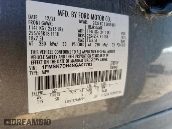 ✅ 2022 Ford Explorer XLT • VIN: 1FMSK7DH4NGA07703 • Лот: 81918875. Опубликован ранее на Copart с пробегом 63 226 миль. Бесплатный доступ к архиву аукционных продаж из США и подробный отчёт об истории автомобиля на DreamBid. Изображение 14.