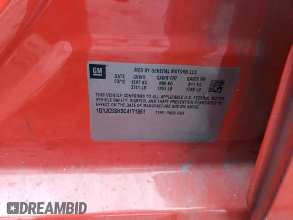 2012 Chevrolet Sonic LT z VIN 1G1JC5SH3C4171861, wystawiony jako Copart lot #71653174 z przebiegiem 169 648 mil mil oraz Szkoda całkowita • Salvage title. Historia ofert i sprzedaży dostępna na DreamBid. Obrazek 14.