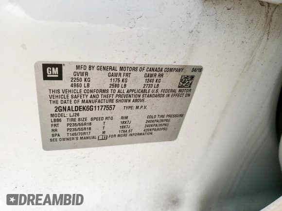 ✅ 2016 Chevrolet Equinox LTZ • VIN: 2GNALDEK6G1177557 • Лот: 92888085. Опубликован ранее на Copart с пробегом 126 197 миль. Бесплатный доступ к архиву аукционных продаж из США и подробный отчёт об истории автомобиля на DreamBid. Изображение 13.