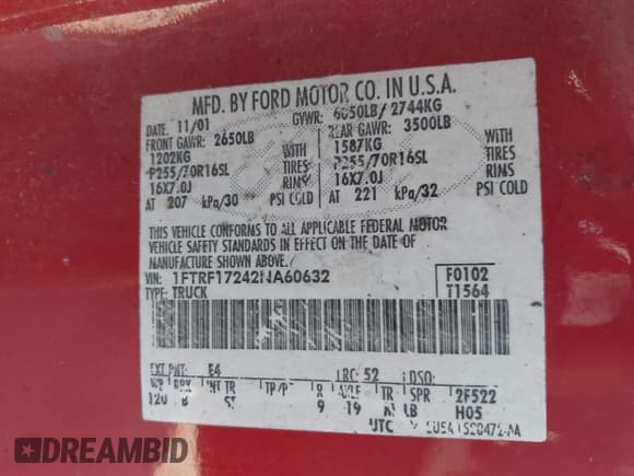✅ 2002 Ford F-150 XL • VIN: 1FTRF17242NA60632 • Lot: 41766538. Listed on IAAI with Not provided. Free auction sales archive from the USA and detailed vehicle history report at DreamBid. Image 9.