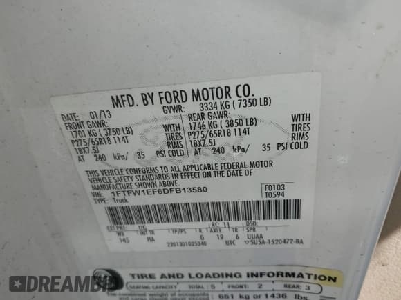 ✅ 2013 Ford F-150 XL • VIN: 1FTFW1EF6DFB13580 • Lot: 43098996. Listed on IAAI with 184,641 mi. Free auction sales archive from the USA and detailed vehicle history report at DreamBid. Image 9.