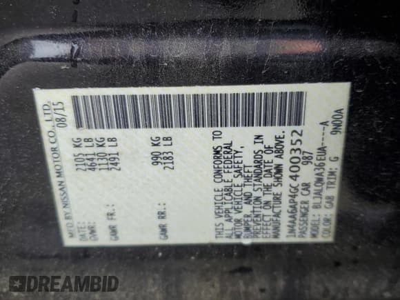 ✅ 2016 Nissan Maxima SV • VIN: 1N4AA6AP4GC400352 • Lot: 60364915. Listed on Copart with 259,624 mi. Free auction sales archive from the USA and detailed vehicle history report at DreamBid. Image 13.