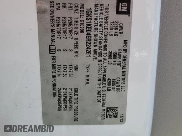 ✅ 2014 GMC Yukon XL SLT • VIN: 1GKS1KE04ER224261 • Lot: 62372575. Listed on Copart with 213,499 mi. Free auction sales archive from the USA and detailed vehicle history report at DreamBid. Image 13.