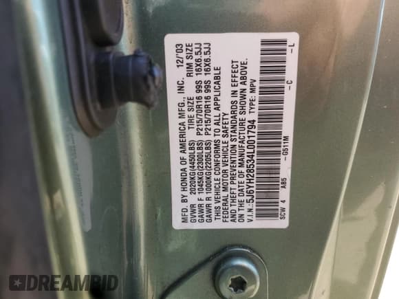 ✅ 2004 Honda Element EX • VIN: 5J6YH28534L001794 • Lot: 62863315. Listed on Copart with 143,717 mi. Free auction sales archive from the USA and detailed vehicle history report at DreamBid. Image 12.