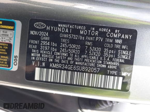 2025 Hyundai Palisade XRT with VIN KM8R34GE6SU892057, listed as a IAAI auction lot 43053676 with 5,498 mi miles and . Bid and sale history available at DreamBid. Image 9.