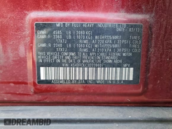 ✅ 2013 Subaru Outback Limited • VIN: 4S4BRCKC3D3288071 • Lot: 96298965. Listed on Copart with 168,171 mi. Free auction sales archive from the USA and detailed vehicle history report at DreamBid. Image 13.