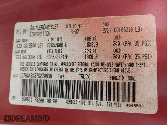 2007 Dodge Dakota SLT with VIN 1D7HW48K87S270838, listed as a IAAI auction lot 42150101 with 225,761 mi miles and . Bid and sale history available at DreamBid. Image 9.