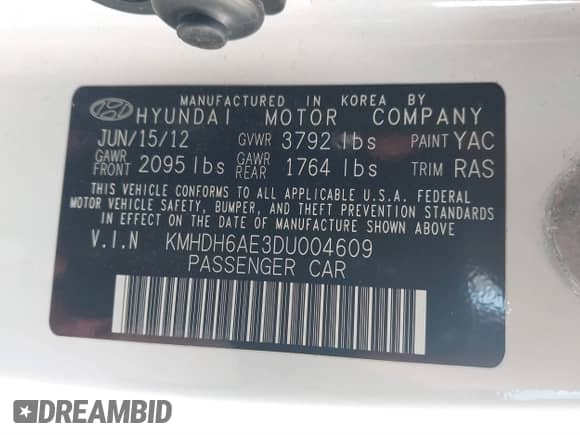 2013 Hyundai Elantra GS with VIN KMHDH6AE3DU004609, listed as a IAAI auction lot 41738554 with 108,586 mi miles and . Bid and sale history available at DreamBid. Image 9.