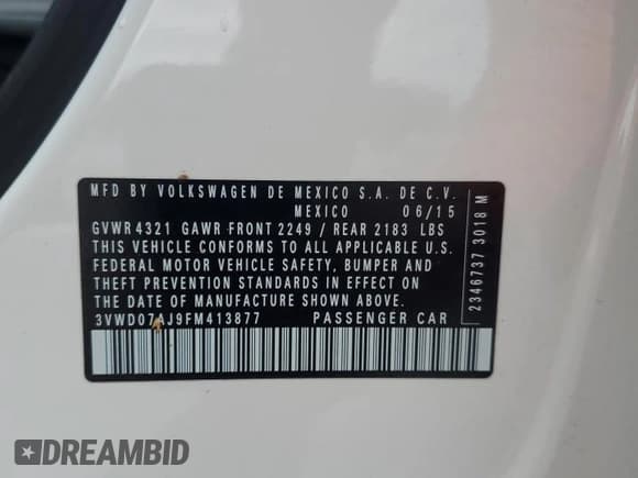 ✅ 2015 Volkswagen Jetta SE • VIN: 3VWD07AJ9FM413877 • Lot: 60191755. Listed on Copart with Not provided. Free auction sales archive from the USA and detailed vehicle history report at DreamBid. Image 12.