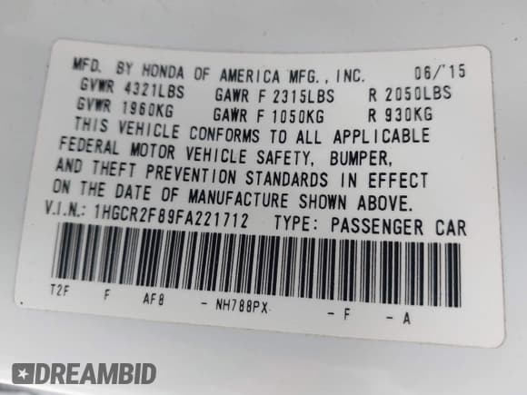 ✅ 2015 Honda Accord EX-L • VIN: 1HGCR2F89FA221712 • Lot: 43720787. Listed on IAAI with 137,968 mi. Free auction sales archive from the USA and detailed vehicle history report at DreamBid. Image 9.