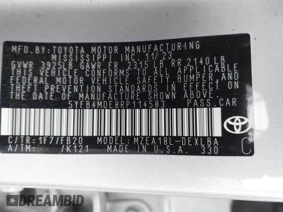 ✅ 2024 Toyota Corolla LE • VIN: 5YFB4MDE8RP114583 • Лот: 43621895. Опубликован ранее на IAAI с пробегом 8 922 миль. Бесплатный доступ к архиву аукционных продаж из США и подробный отчёт об истории автомобиля на DreamBid. Изображение 9.